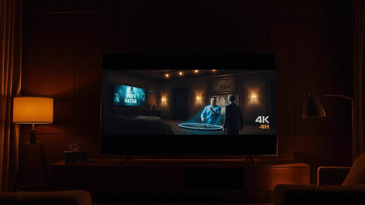 TV 4K exibindo cena cinematográfica em ambiente sofisticado