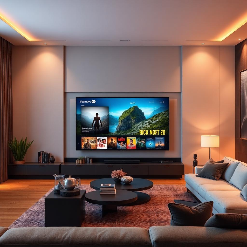 Sala de estar moderna com Smart TV exibindo catálogo de filmes e séries