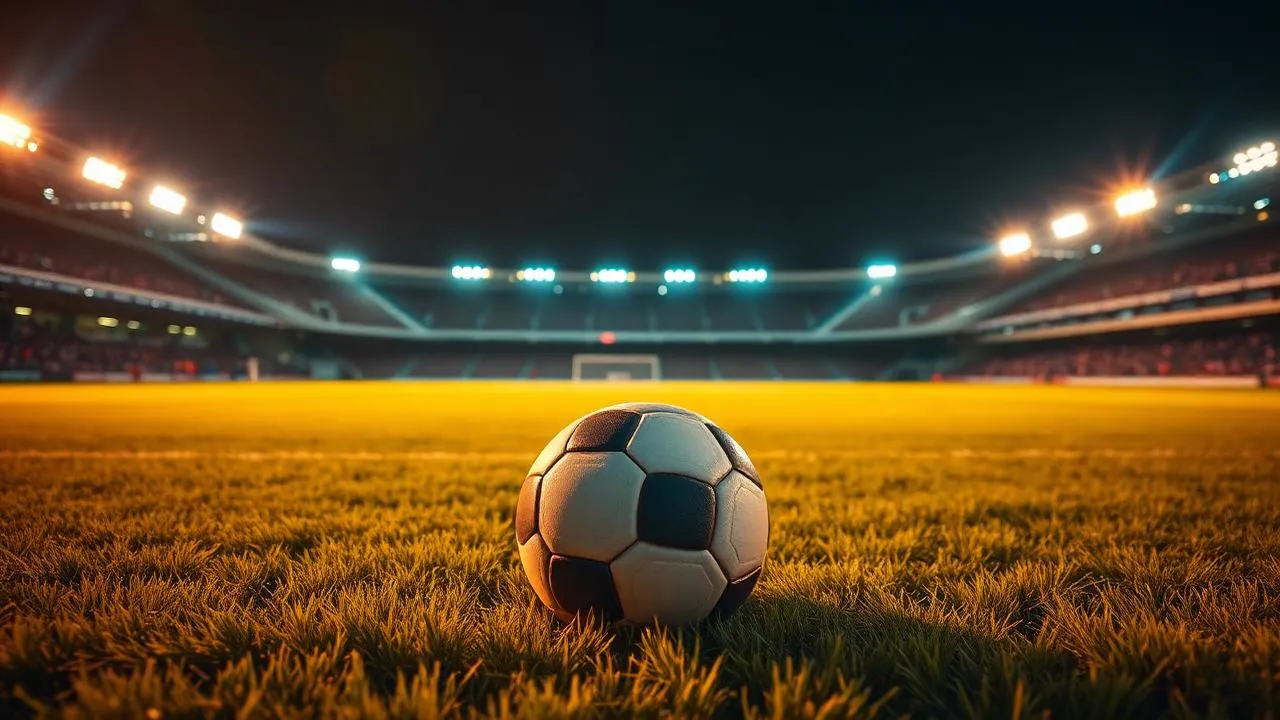 Estádio de futebol iluminado à noite com bola no gramado