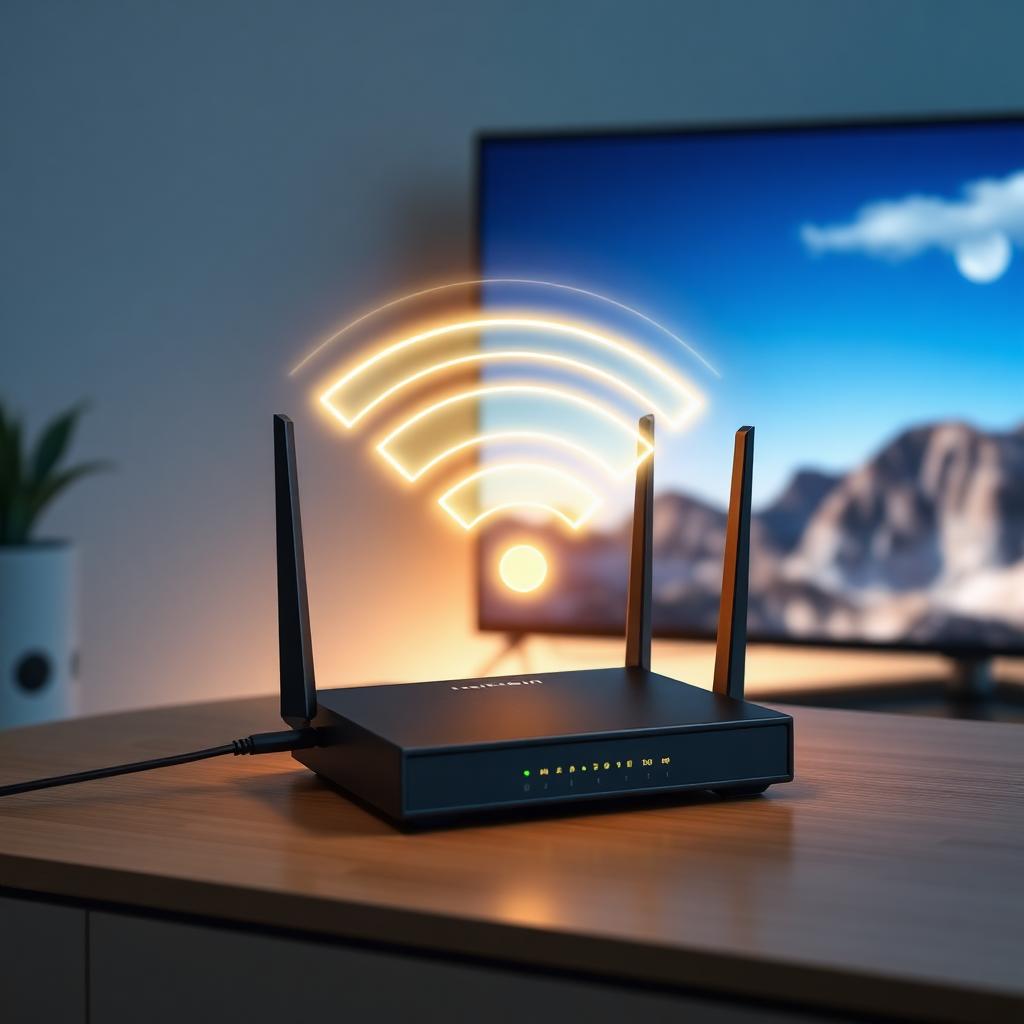 Roteador Wi-Fi moderno com sinal forte próximo a uma Smart TV