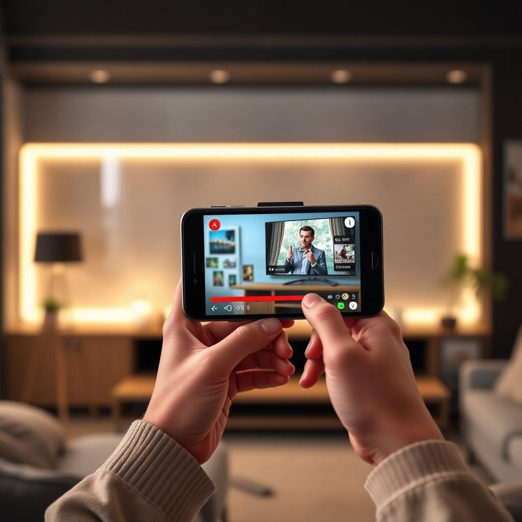 Mãos segurando smartphone com aplicativo de IPTV em uso