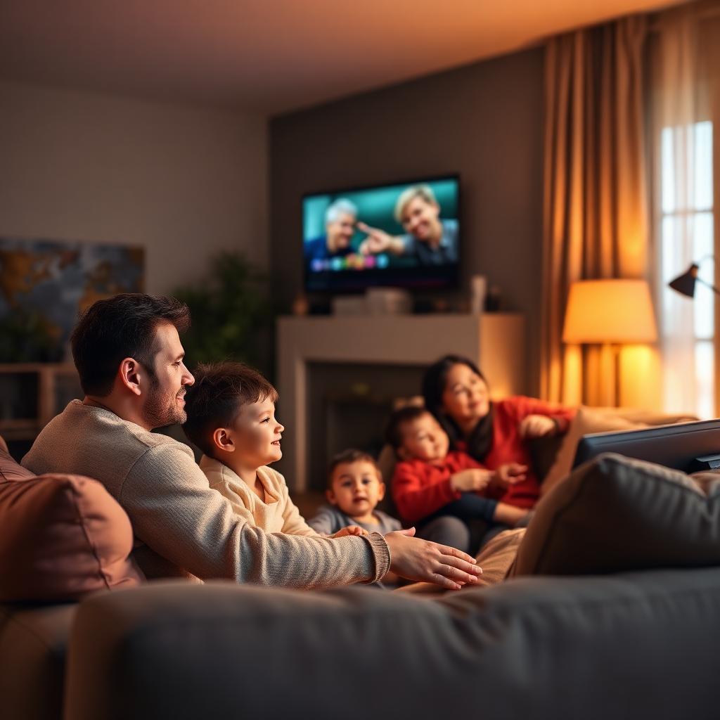 Família reunida na sala assistindo TV juntos à noite