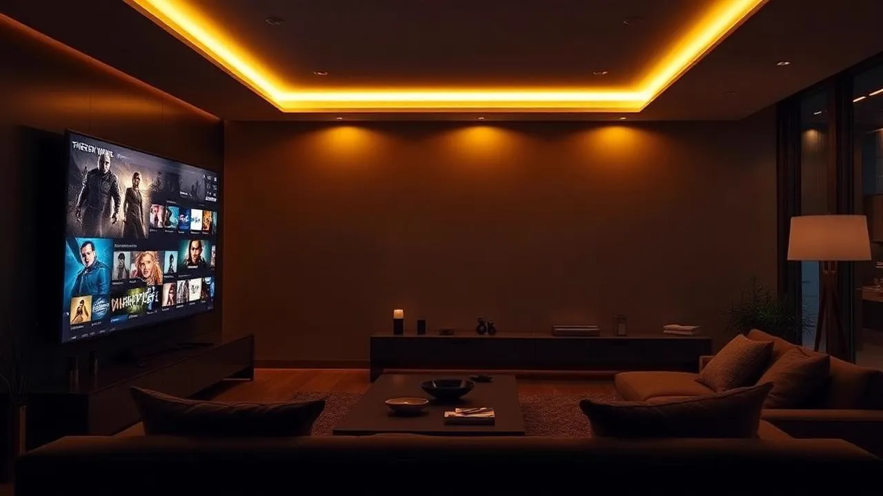 Sala moderna com Smart TV grande exibindo catálogo de streaming